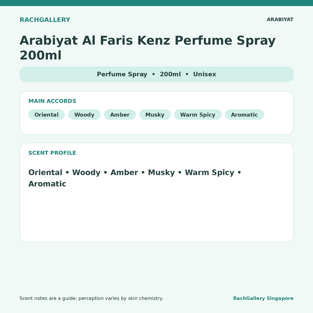 Arabiyat Al Faris Kenz Perfume Spray 200ml scent notes and main accords