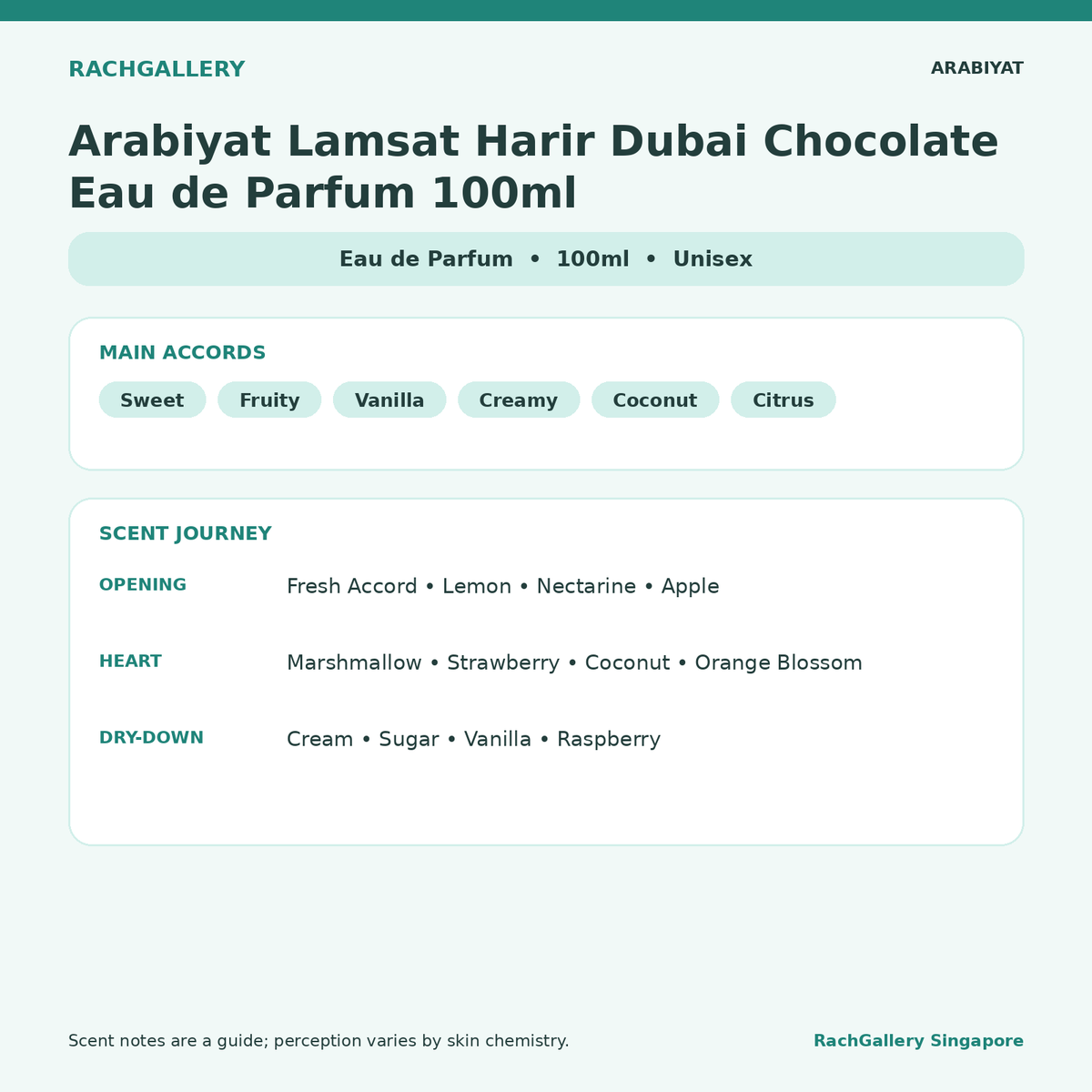 Arabiyat Lamsat Harir Dubai Chocolate Eau de Parfum 100ml scent notes and main accords