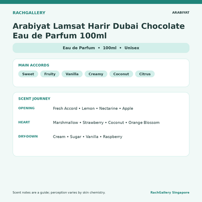 Arabiyat Lamsat Harir Dubai Chocolate Eau de Parfum 100ml scent notes and main accords