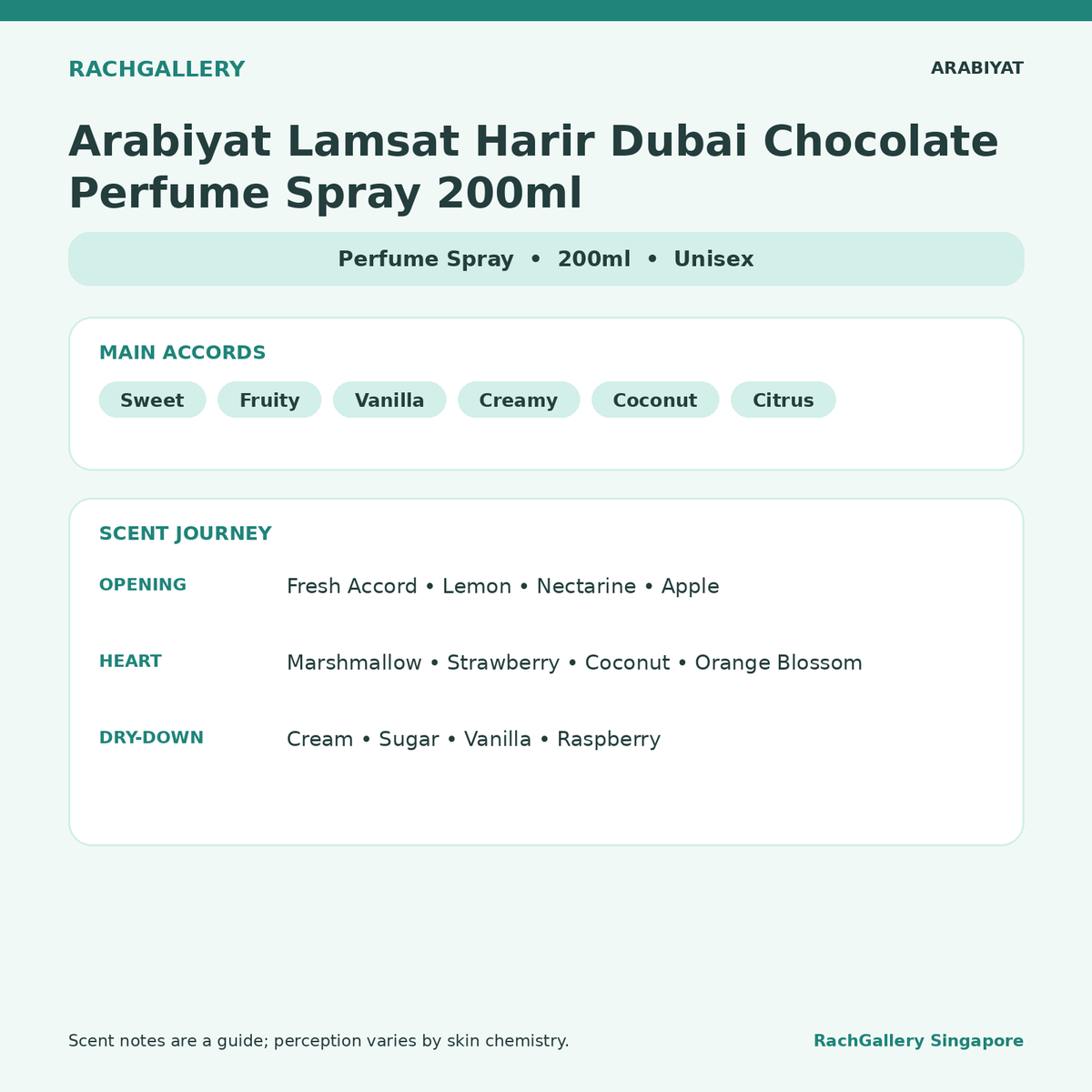 Arabiyat Lamsat Harir Dubai Chocolate Perfume Spray 200ml scent notes and main accords
