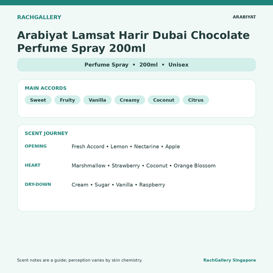 Arabiyat Lamsat Harir Dubai Chocolate Perfume Spray 200ml scent notes and main accords