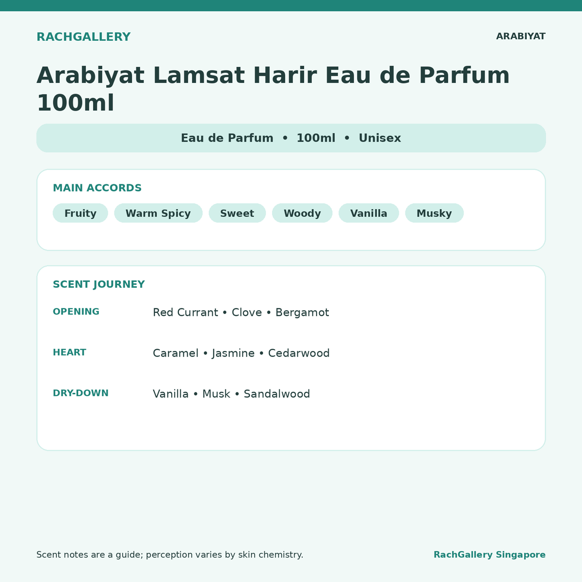 Arabiyat Lamsat Harir Eau de Parfum 100ml scent notes and main accords
