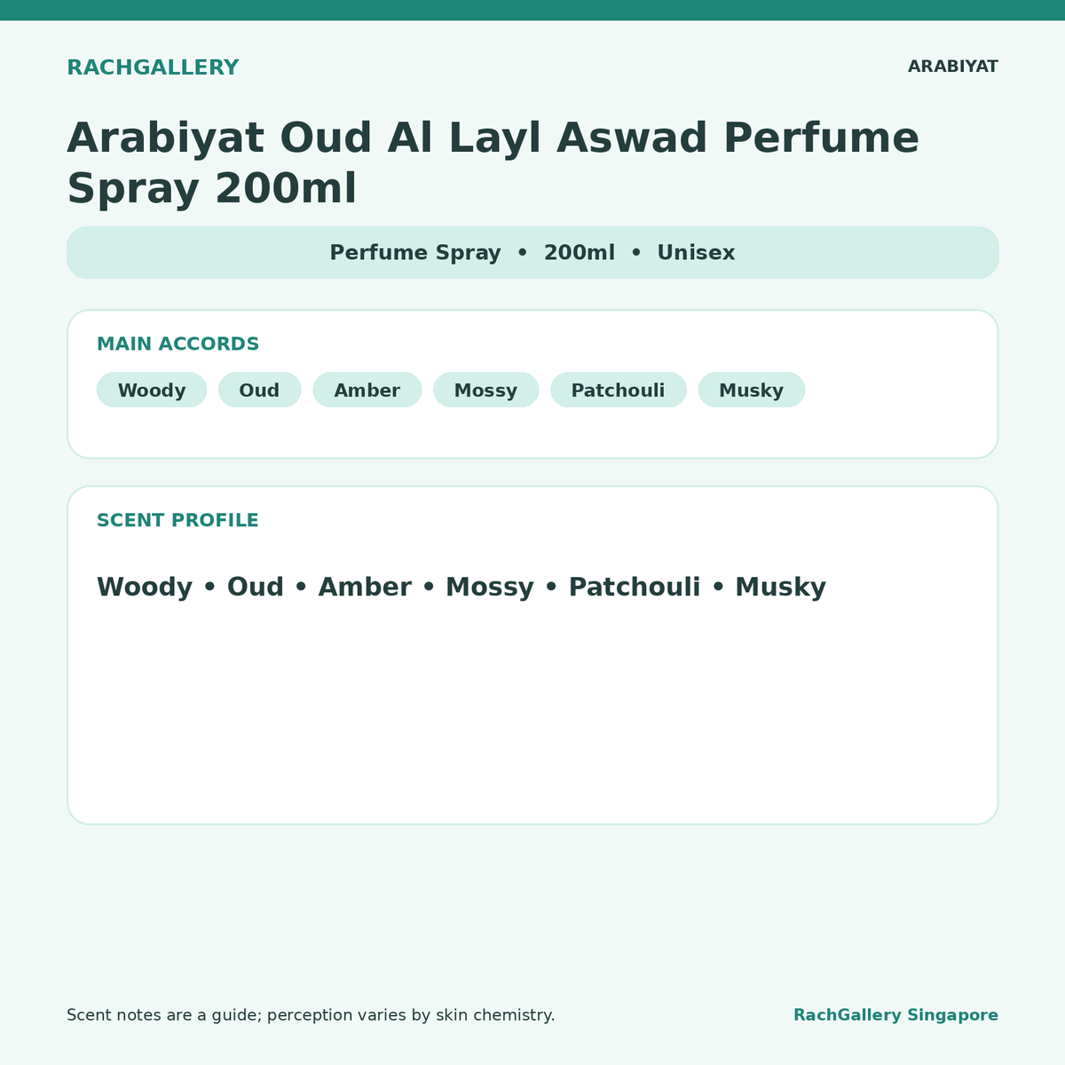 Arabiyat Oud Al Layl Aswad Perfume Spray 200ml scent notes and main accords
