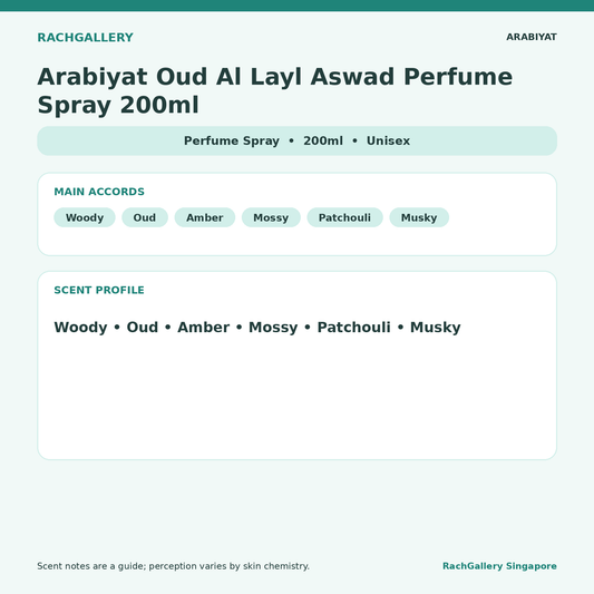 Arabiyat Oud Al Layl Aswad Perfume Spray 200ml scent notes and main accords