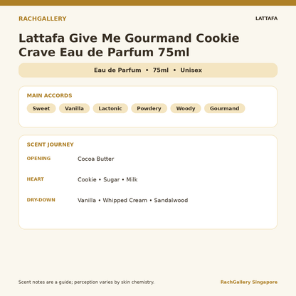 Lattafa Give Me Gourmand Cookie Crave Eau de Parfum 75ml scent notes and main accords